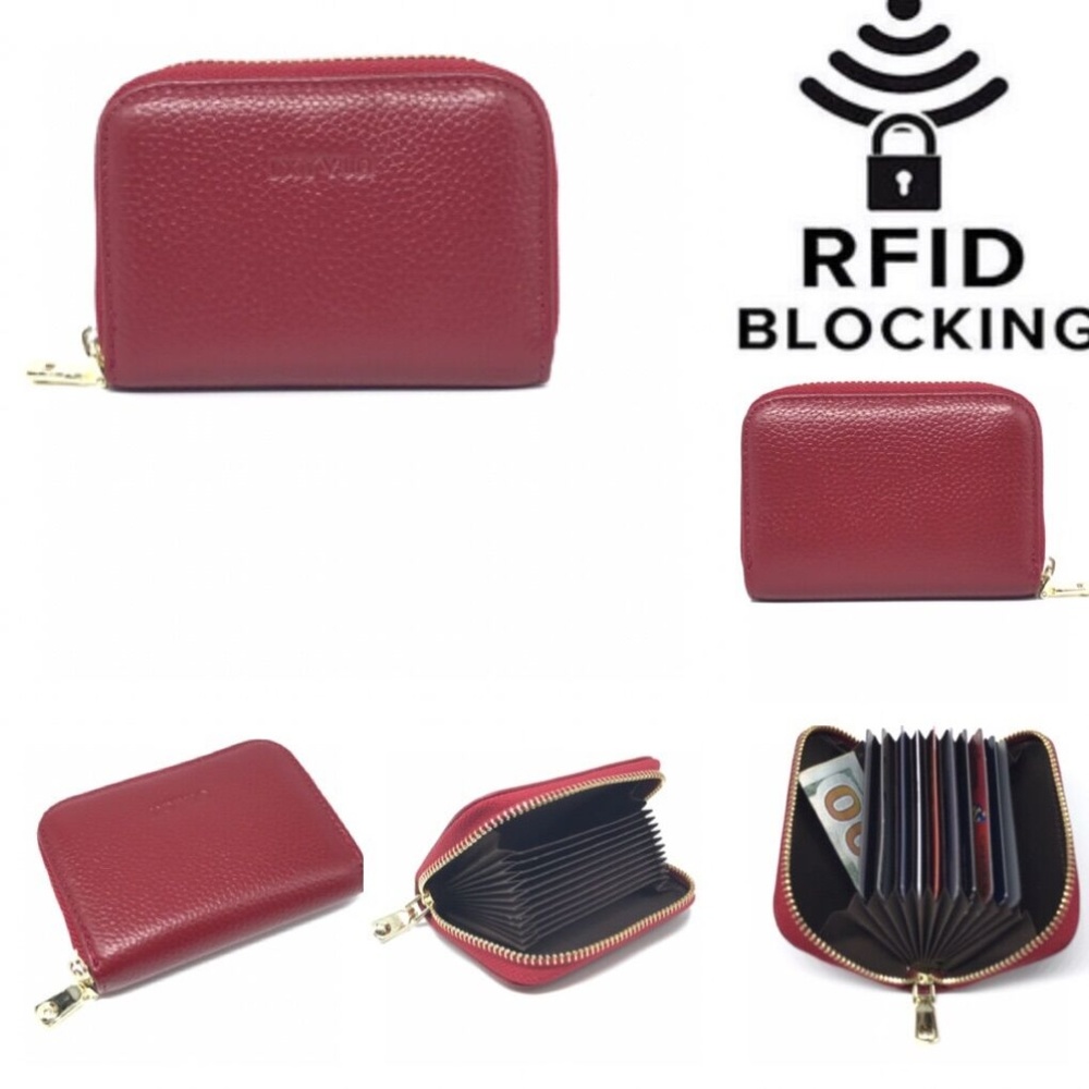 RFID Blocking Leather Zip Around Wallet - Drak Red